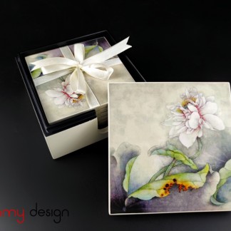 Set of  6 cream hand-painted lotus coasters included with box 